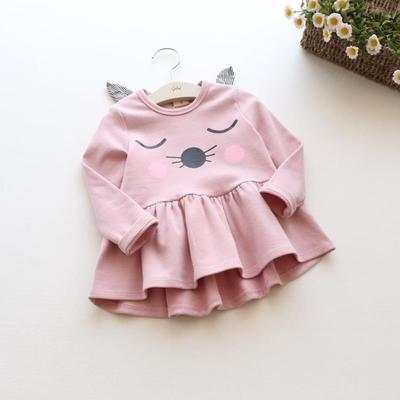 Spring and autumn toddler girls cat dress in pink with cute design.