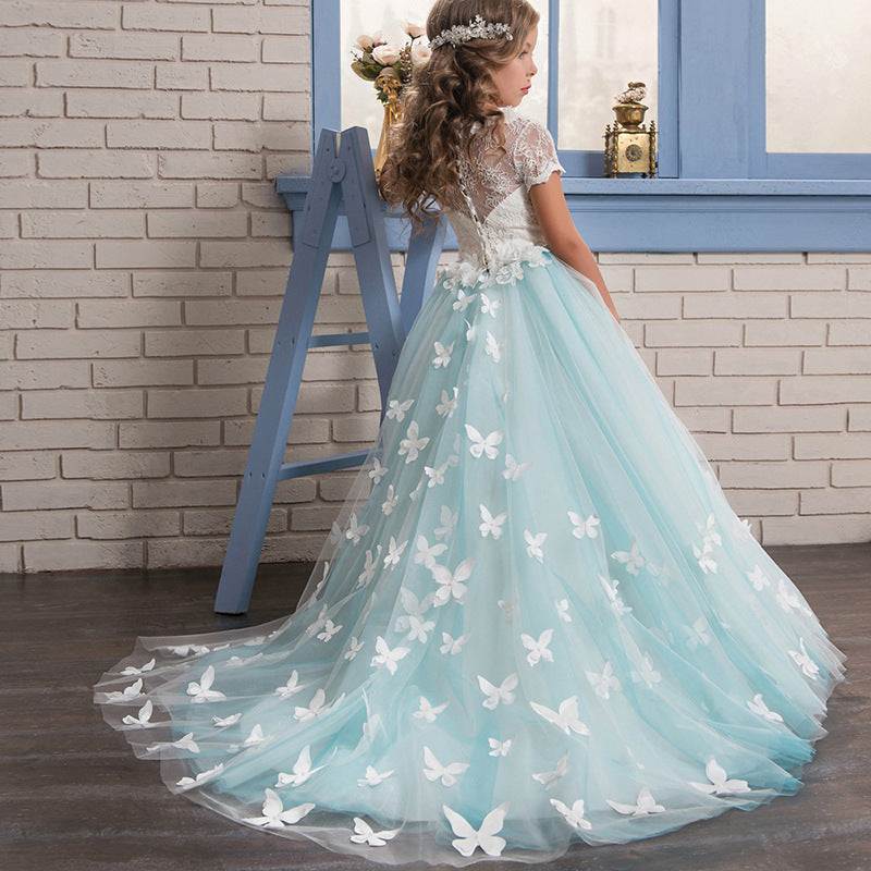 Girls butterfly showroom princess dress with lace, short sleeves, and tail.