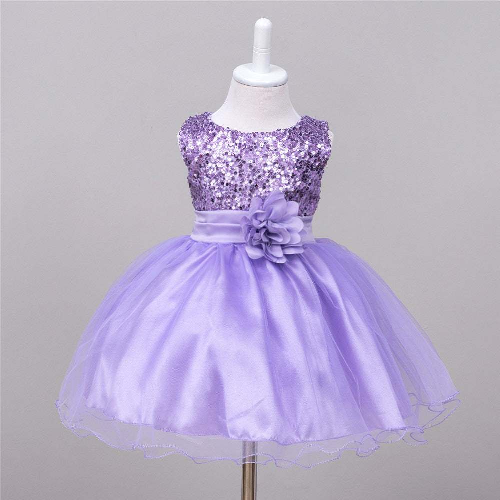 Toddler Solid Color Sequin Girls Short Dress - Princess Style