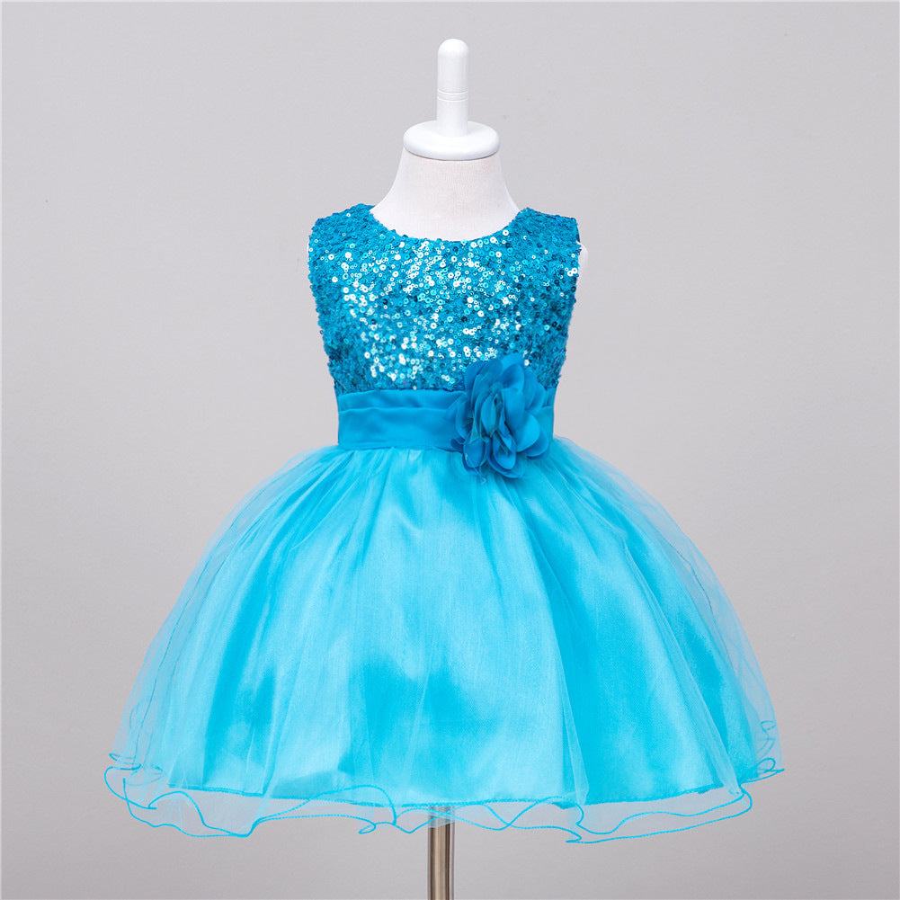 Toddler Solid Color Sequin Girls Short Dress - Princess Style