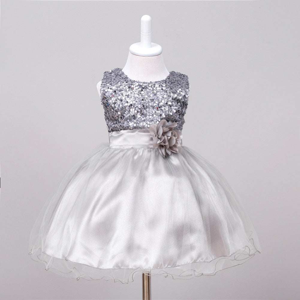 Toddler Solid Color Sequin Girls Short Dress - Princess Style