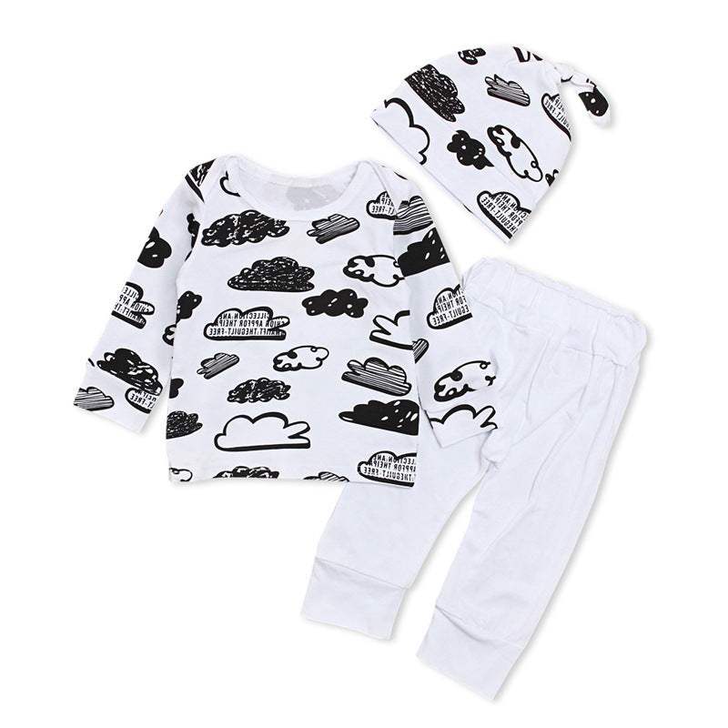 Infant long sleeve 3-piece set with cloud print, including pants and hat, suitable for spring and autumn.