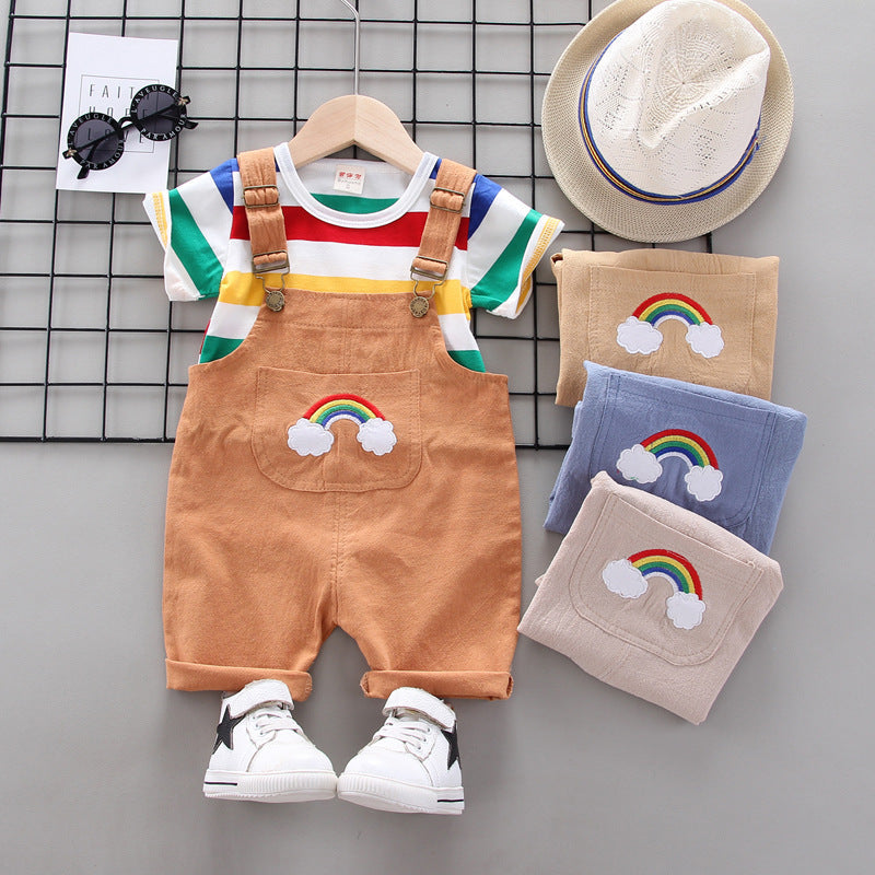 Infant Rainbow 2 piece set with rainbow embroidered overalls and striped shirt, suitable for ages 1-3.