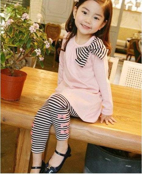 Girl Long Sleeve Bow Shirt Striped Leggings 2pc Set