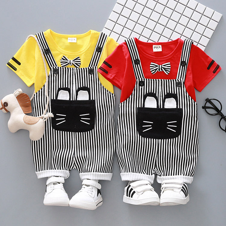 Infant boys cartoon strap 2-piece set with vibrant t-shirts and striped overalls.