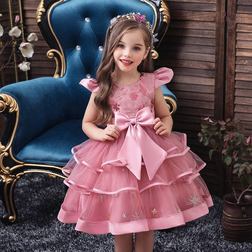 Girls Sequin Embroidered Solid Color Wedding Princess Dresses