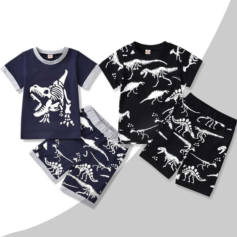 Summer short-sleeved dinosaur 2pc set for kids in black and dark blue, cotton fabric.