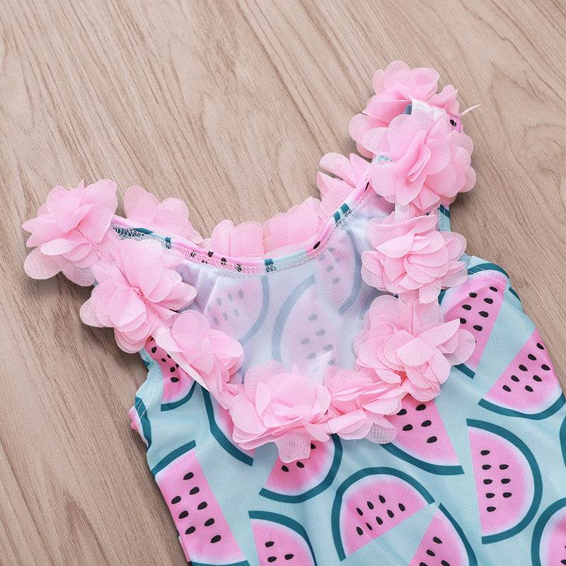 Watermelon Print Petal Lace Girl Swimsuit