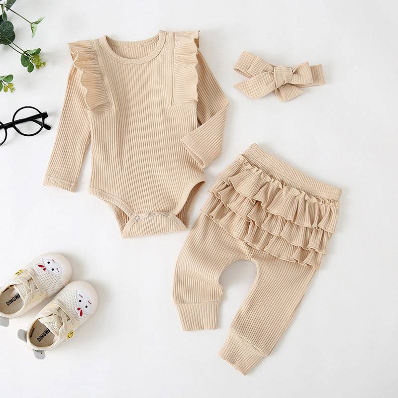 Girls Casual Long-sleeved Lace-sleeved Romper Three-piece Set With Headdress