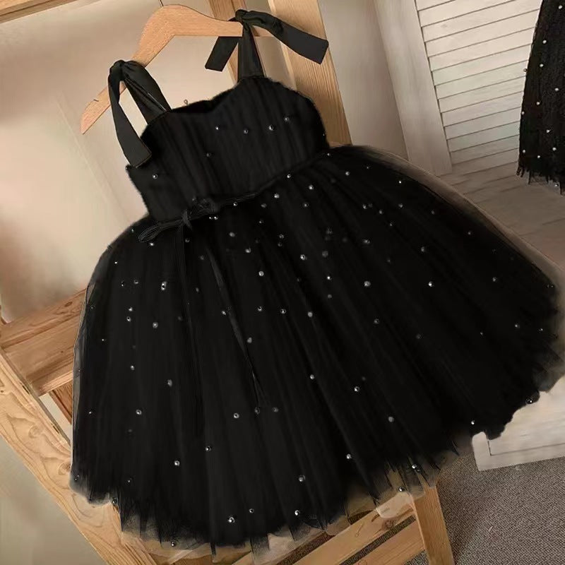 Girls Lace-up Pearl Mesh Pettiskirt Dress