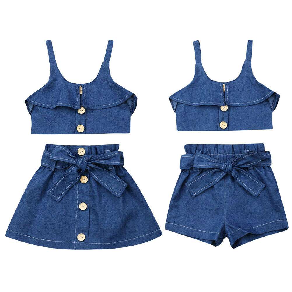 Girls suspender skirt set with wooden button halter top, cotton fabric, 2-piece set.