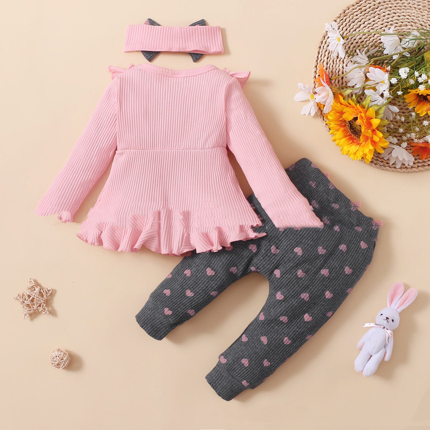 Sunken Stripe Ruffle Shoulder Top And Printed Heart Leggings