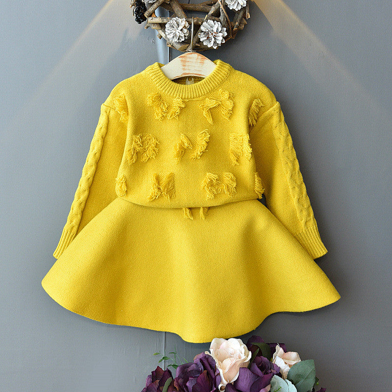 Girls Casual Long Sleeve Sweater with skirt Set