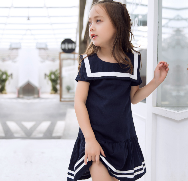 Girls uniform fashion short sleeve cotton dress, blue, above knee, sporty style.