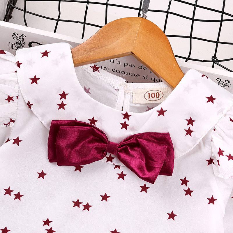 Autumn And Winter Girls Long Sleeve Star Bow top with Skirt
