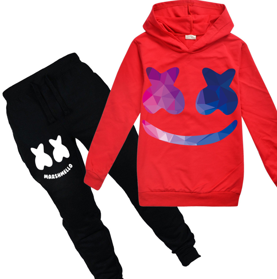Kids long sleeve Marshmello set with a red hooded top featuring a cartoon design, paired with black trousers; made of soft cotton fabric.
