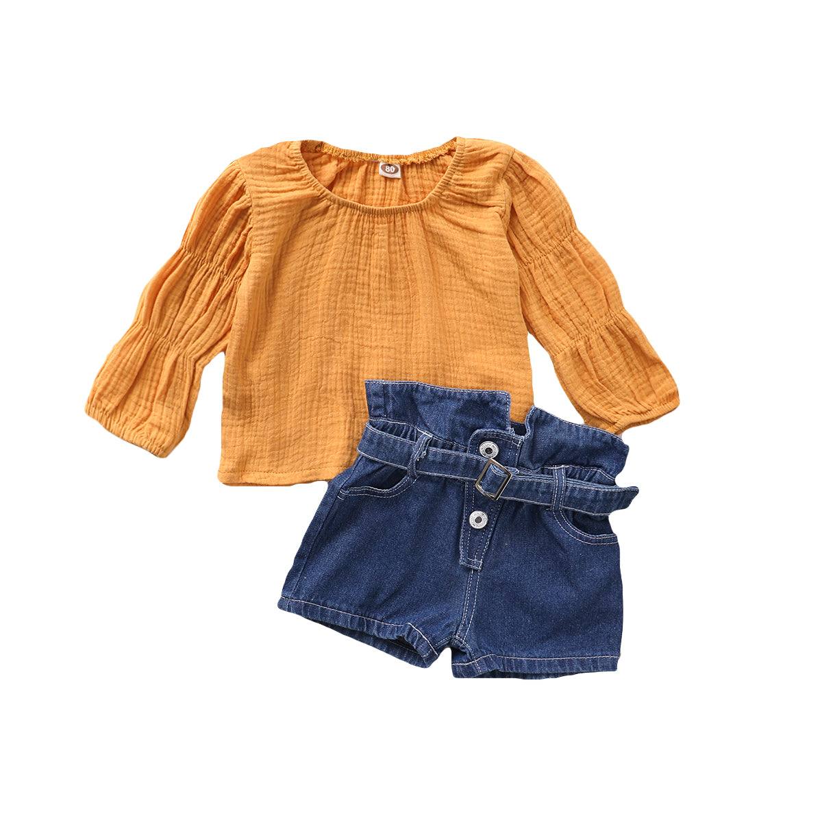 Baby pure cotton and linen denim suit with a mustard top and blue shorts.