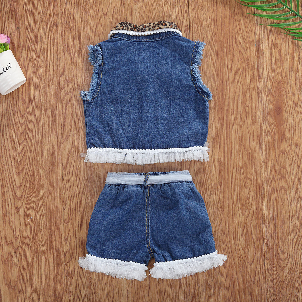 Girls Denim Cheetah Sleeveless Tank Top Shorts 2pc Set