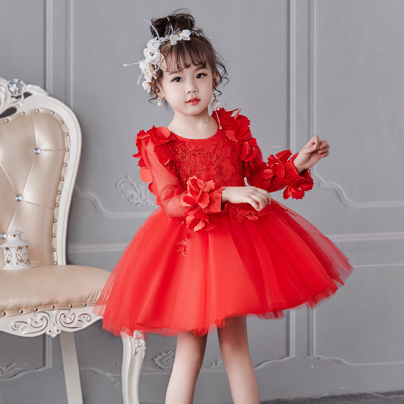 Girls formal knit long-sleeved tutu ball dress for children, ages 3-8, in vibrant red with floral details, perfect for special occasions.