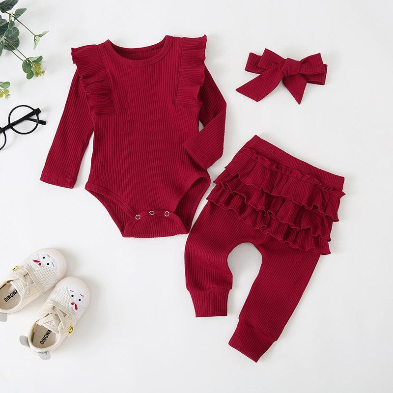 Girls Casual Long-sleeved Lace-sleeved Romper Three-piece Set With Headdress