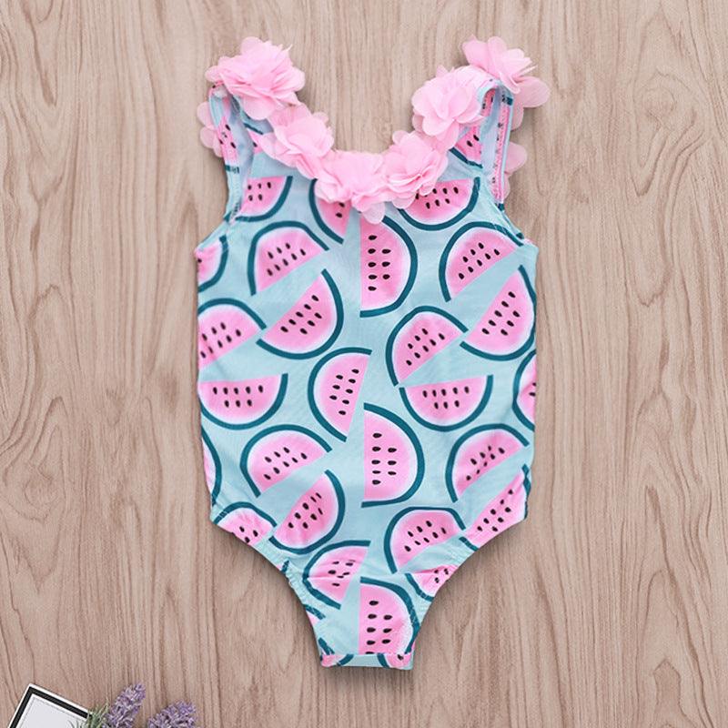 Watermelon Print Petal Lace Girl Swimsuit