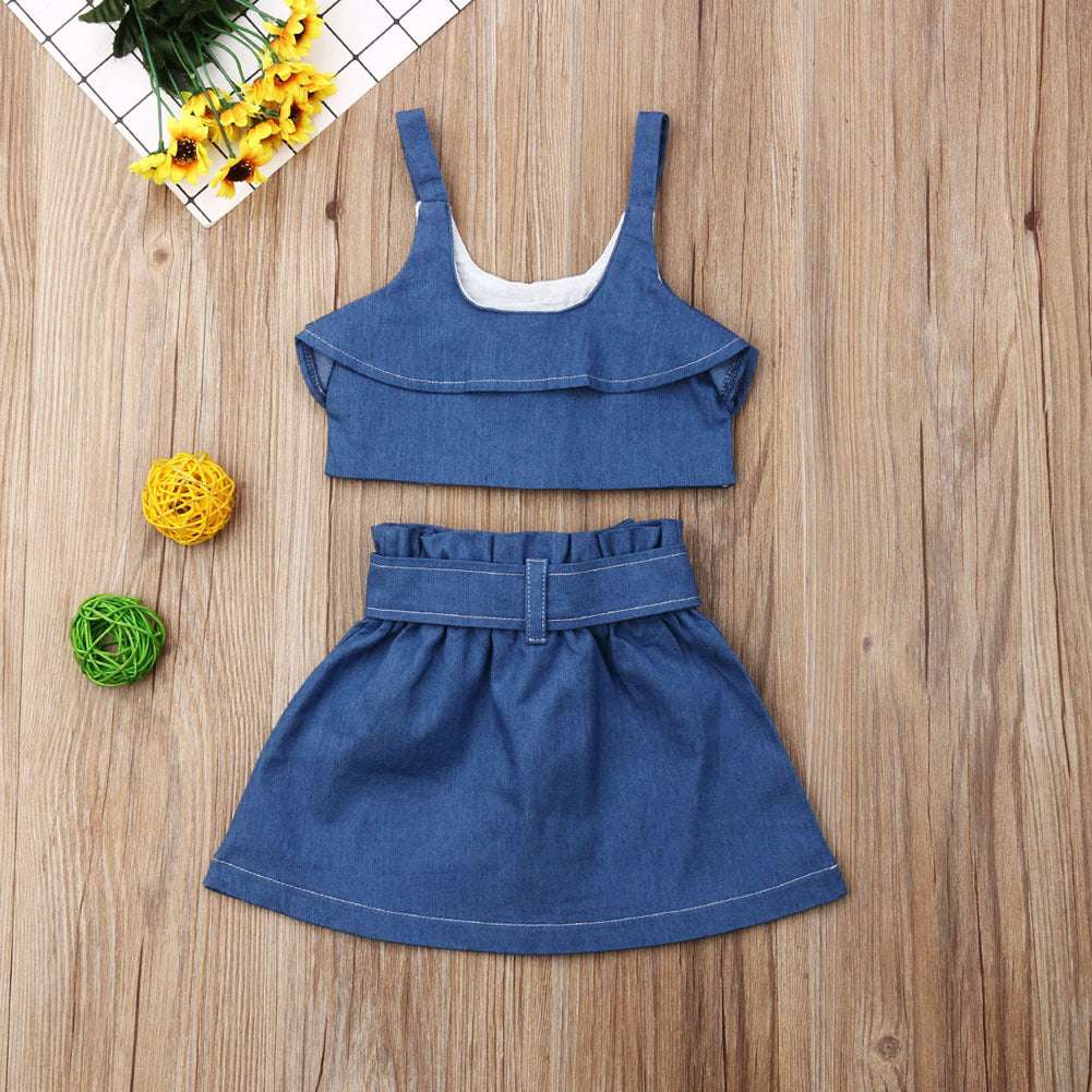 Girls suspender skirt Wooden Button Halter top 2pc Set