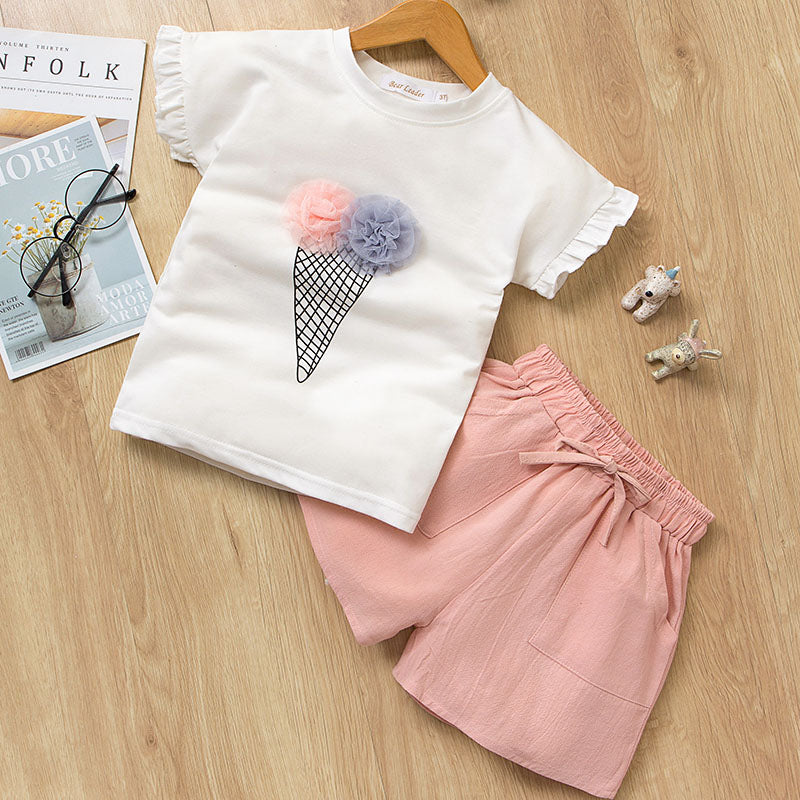 Girls Short Sleeve Casual Shirt And Short Dress Suit