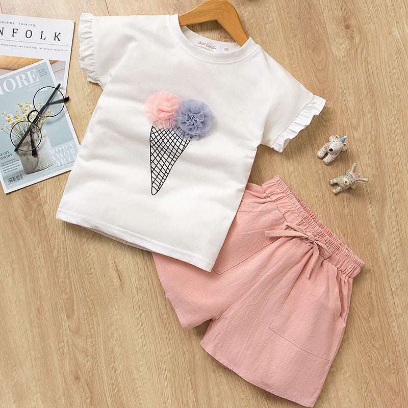 Girls Short Sleeve Casual Shirt And Short Dress Suit