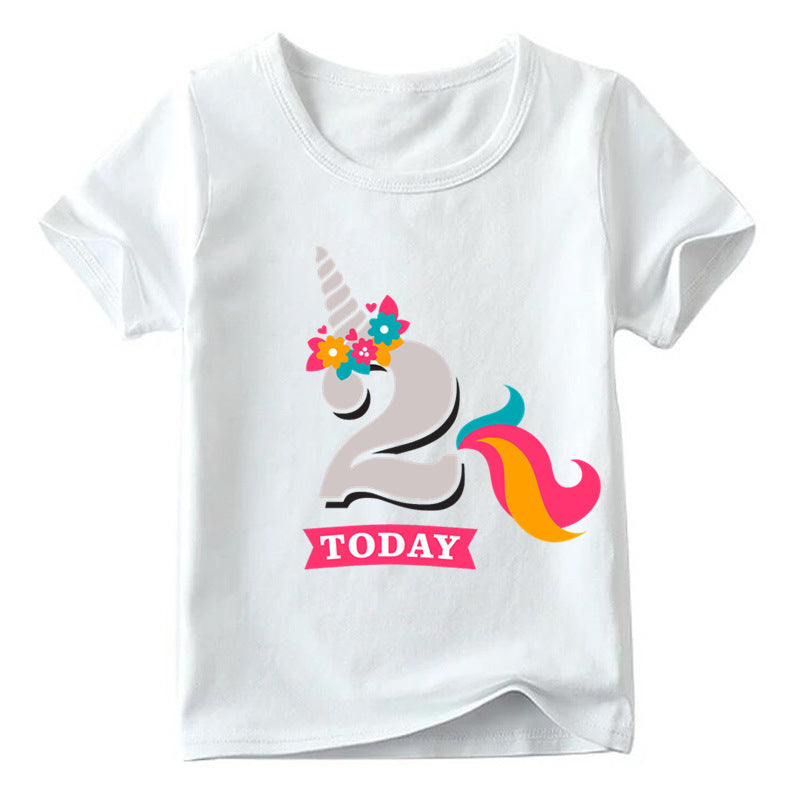 Children's Age 1-9 Birthday Printed Round Neck Short-sleeved Shirt