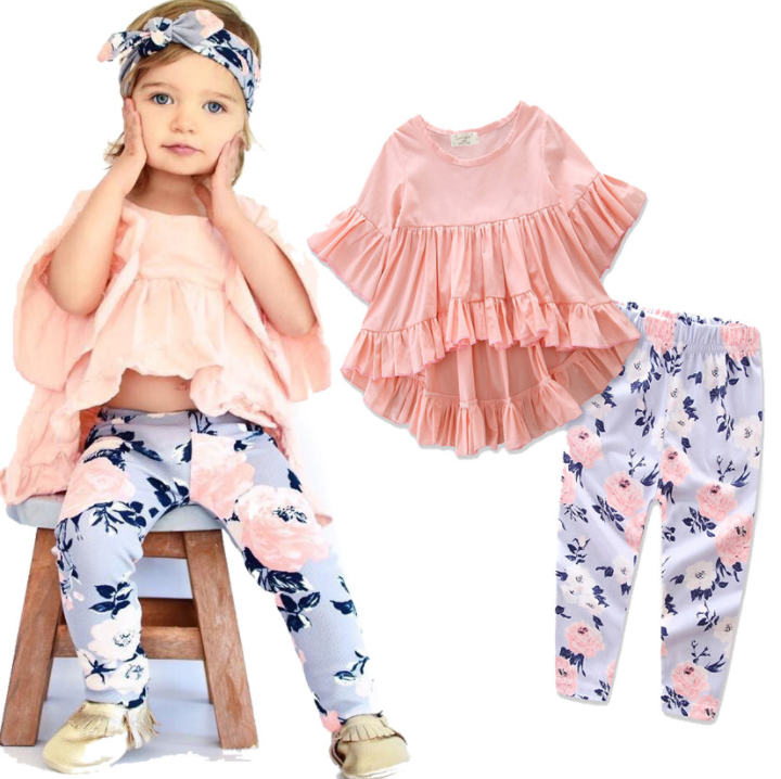Toddler Baby Girls Cotton Blouse Top flower pants 2pc Set