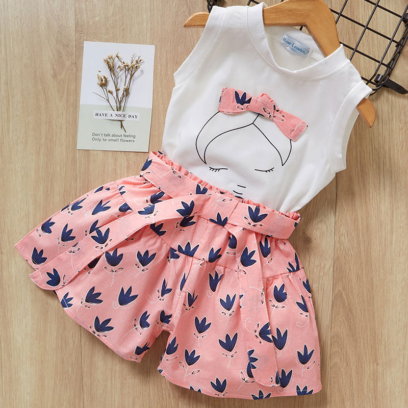 Girls Short Sleeve Casual Shirt And Short Dress Suit