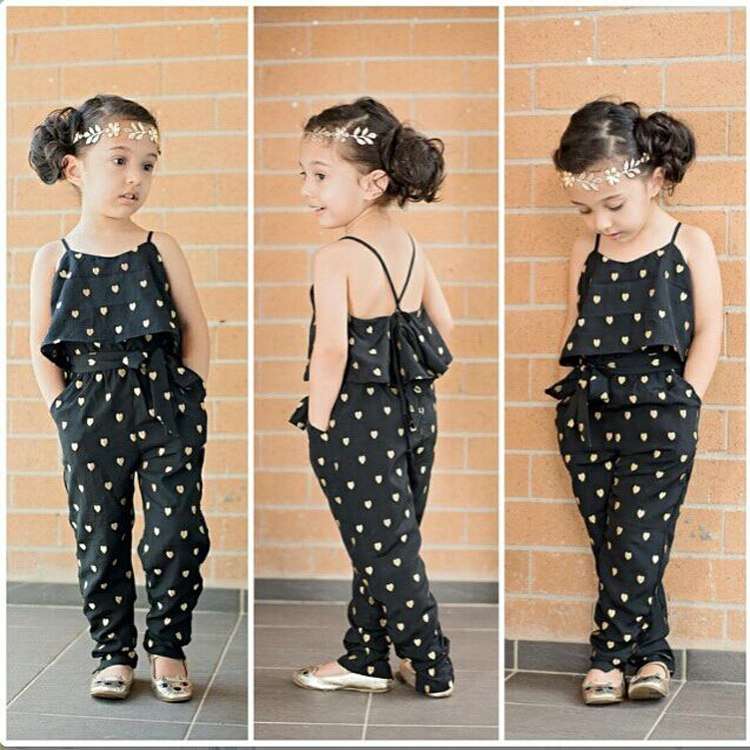 Summer girls heart dot strap jumpsuit with gold floral headband.
