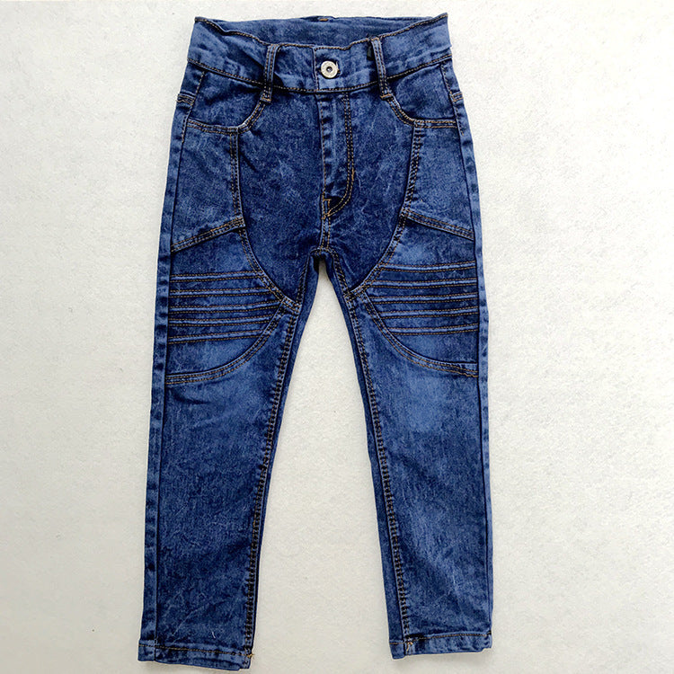 Kids Crumpled Solid Jeans in Denim Blue with pleated design and mid-waist fit.