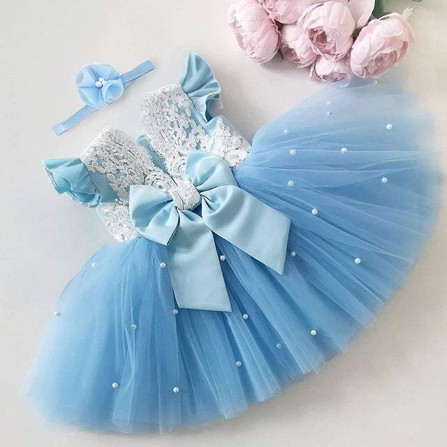 Toddler Baby Girls Lace Bow with Pearls Dresses