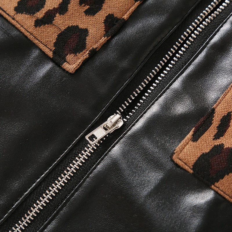 Brown Leopard Print Yarn-dyed Leather Skirt With Zipper Two-piece Set