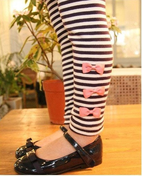 Girl Long Sleeve Bow Shirt Striped Leggings 2pc Set