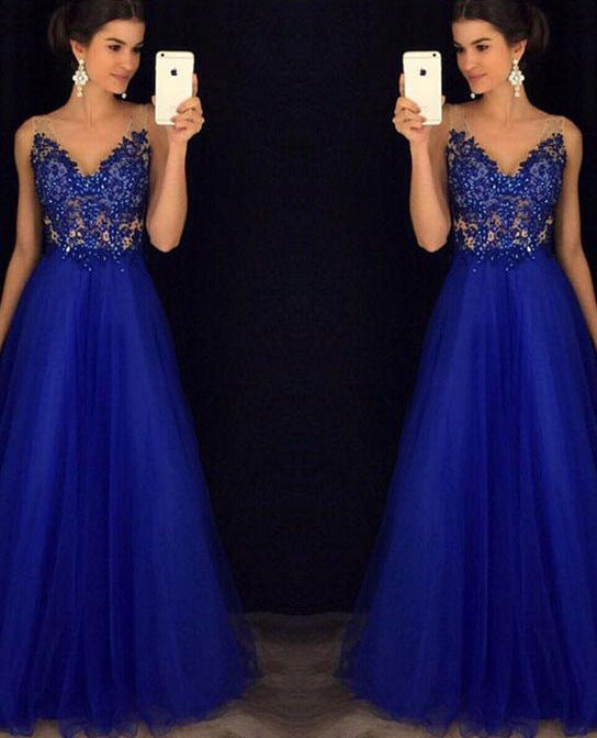 Blue Backless Beaded Ball Elegant Long Dress