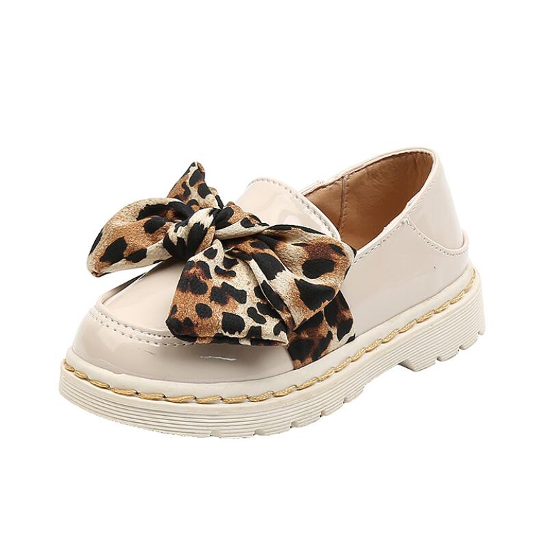 Children's leopard bow leather shoes