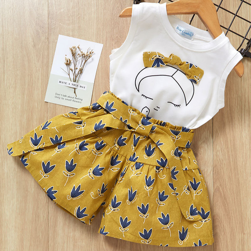 Girls Short Sleeve Casual Shirt And Short Dress Suit
