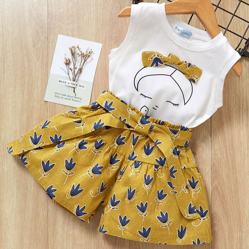 Girls Short Sleeve Casual Shirt And Short Dress Suit