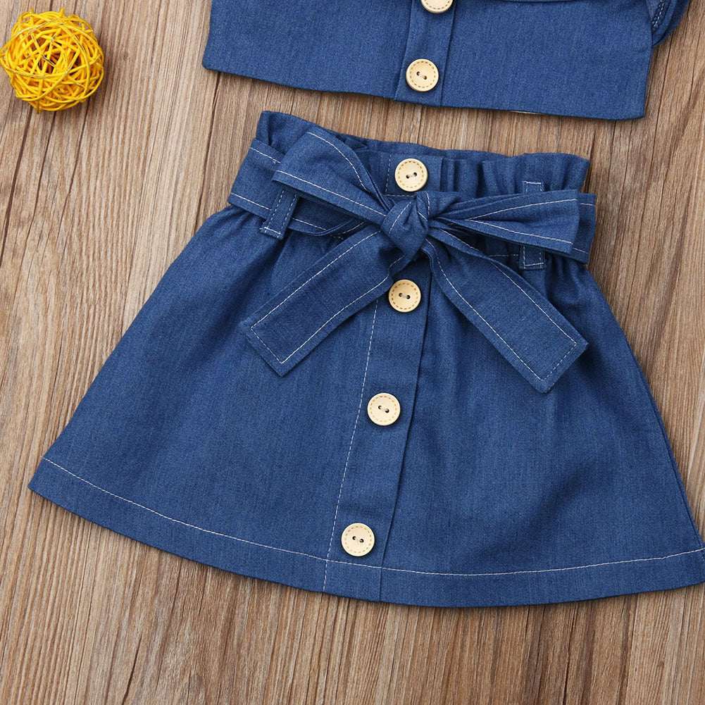 Girls suspender skirt Wooden Button Halter top 2pc Set