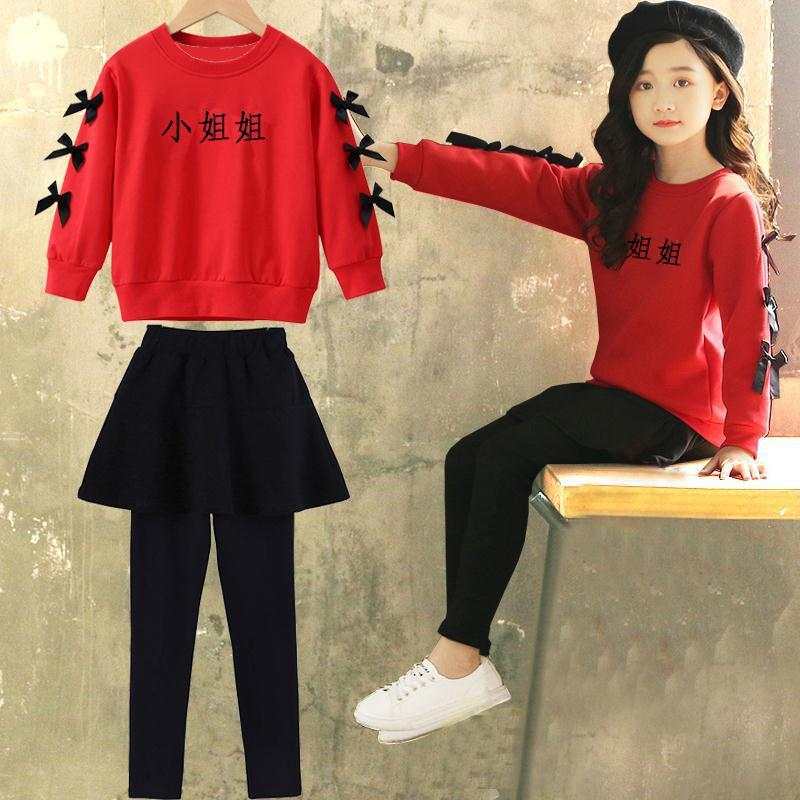 Korean style cotton trouser suit for girls with red top and black bottoms, featuring bow accents.