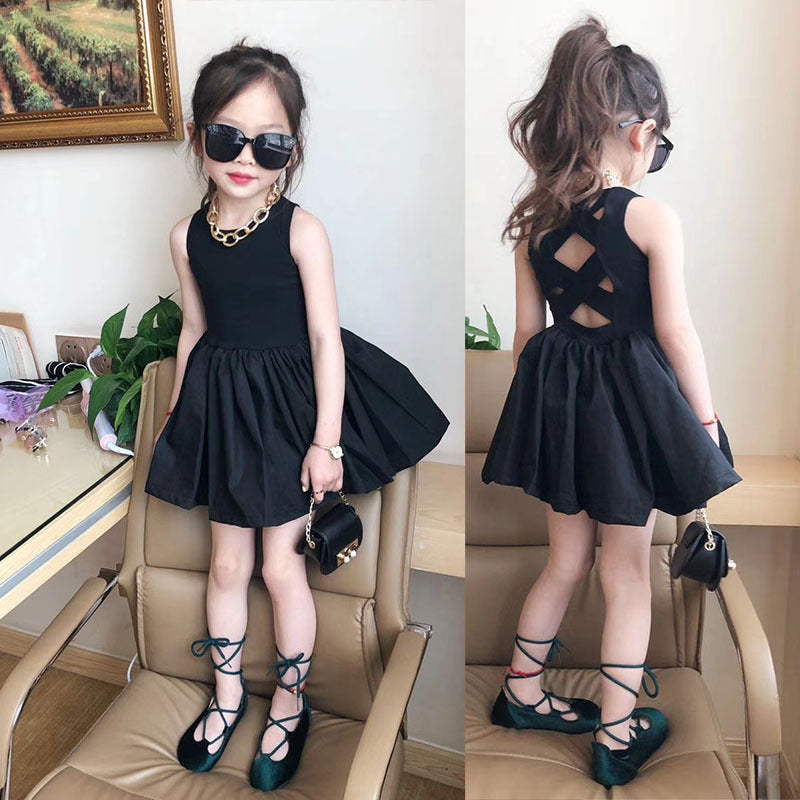 Girls Black Back Cross Puff Skirt Dress