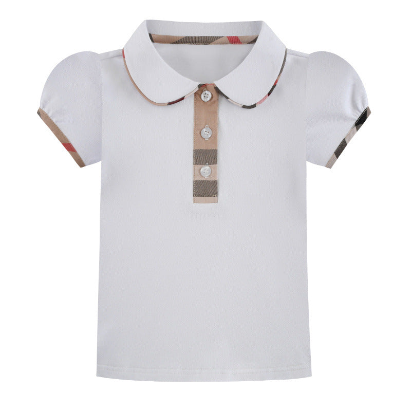 White contrast check lapel short sleeve kids shirt in polyester fabric.
