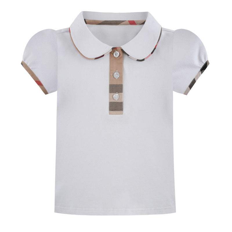 White contrast check lapel short sleeve kids shirt in polyester fabric.