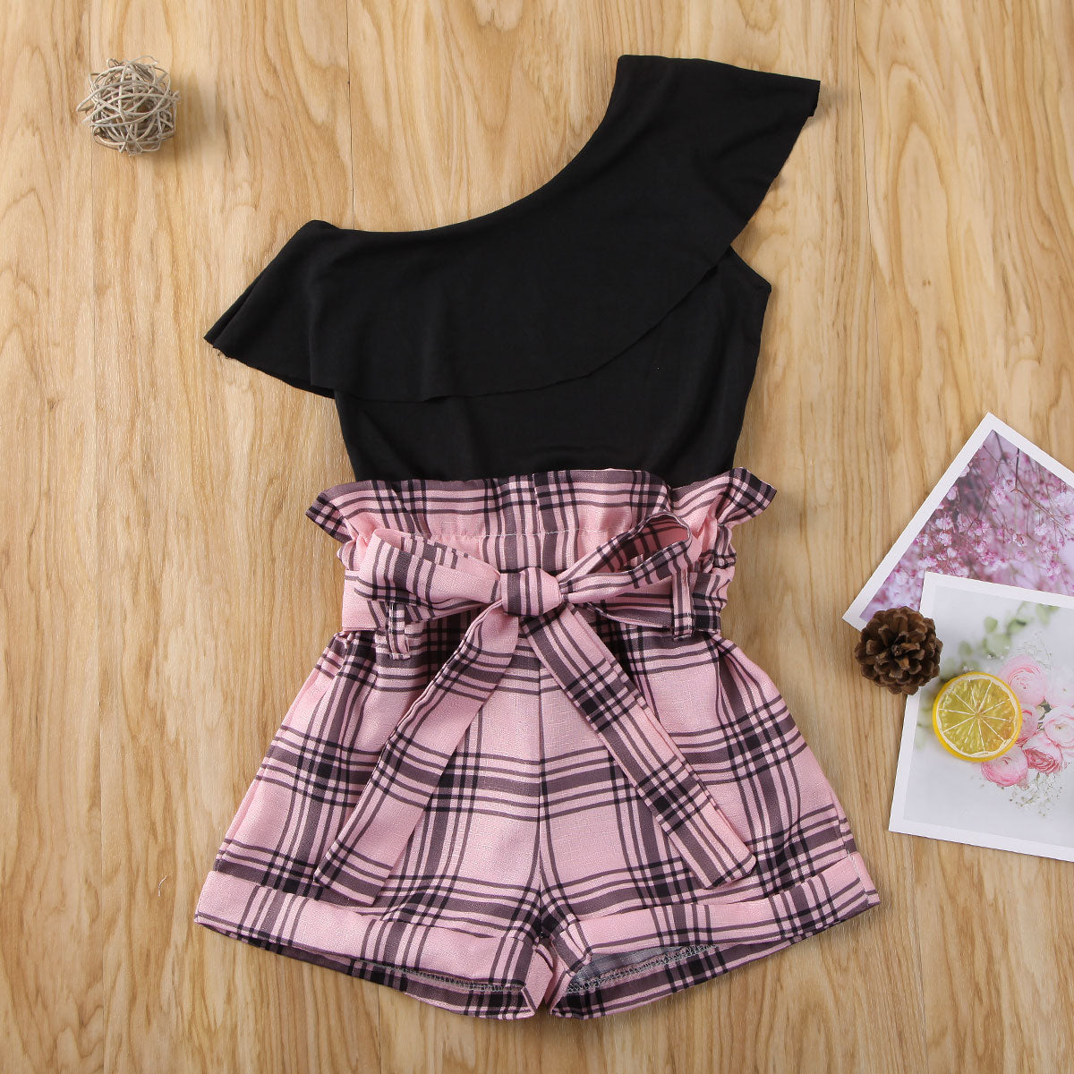 Girls' One Shoulder Ruffled Top with Shorts Set
