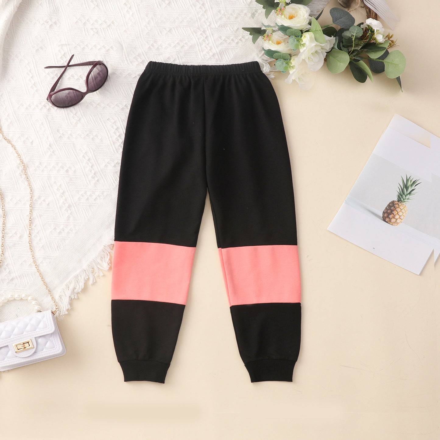 Spring And Autumn Girls Color Matching Casual Sports Suit Set