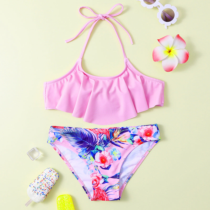 Girls Split Swimwear Leaf Print Fashion Swimsuit