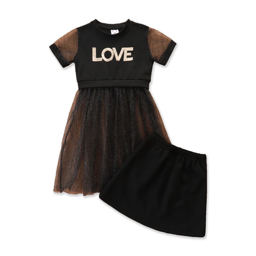 Girls' Black Love Knitted Dress with skirt