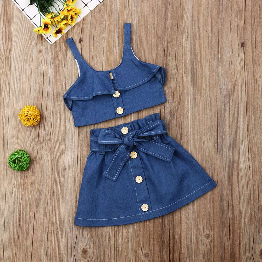 Girls suspender skirt Wooden Button Halter top 2pc Set